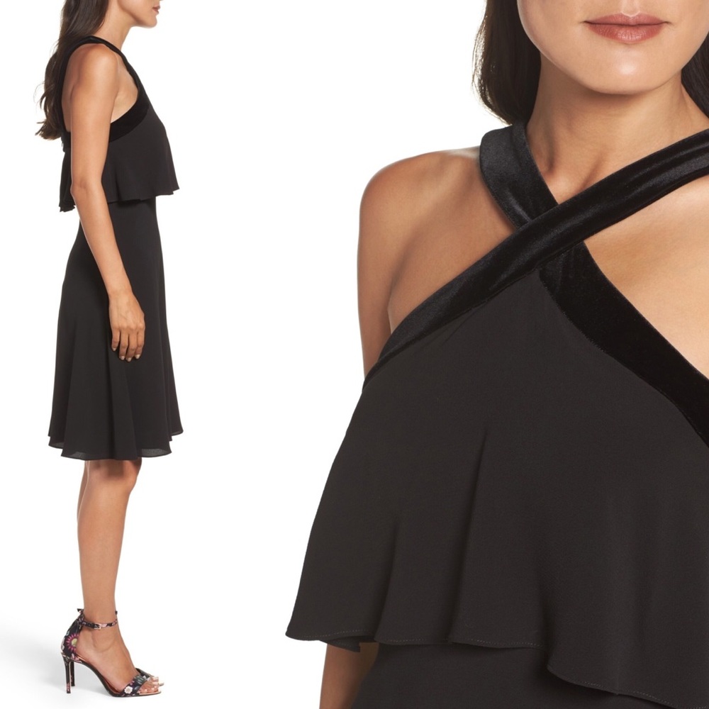 Maggy London Black Popover Velvet Trim Party Dress - Picture 3 of 5